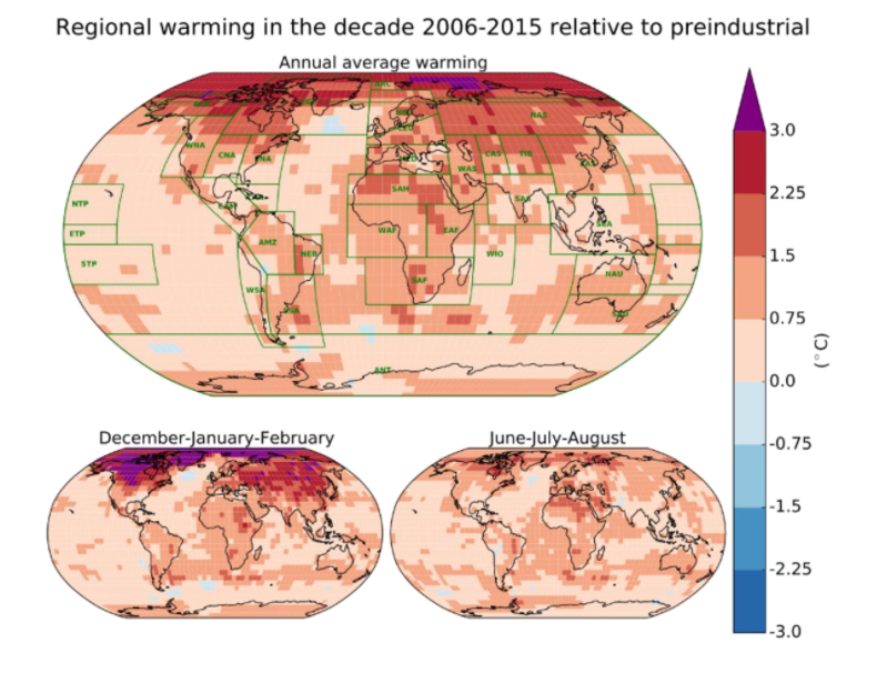 Calentamiento por regiones en la década 2006-2015 en comparación con el período preindustrial