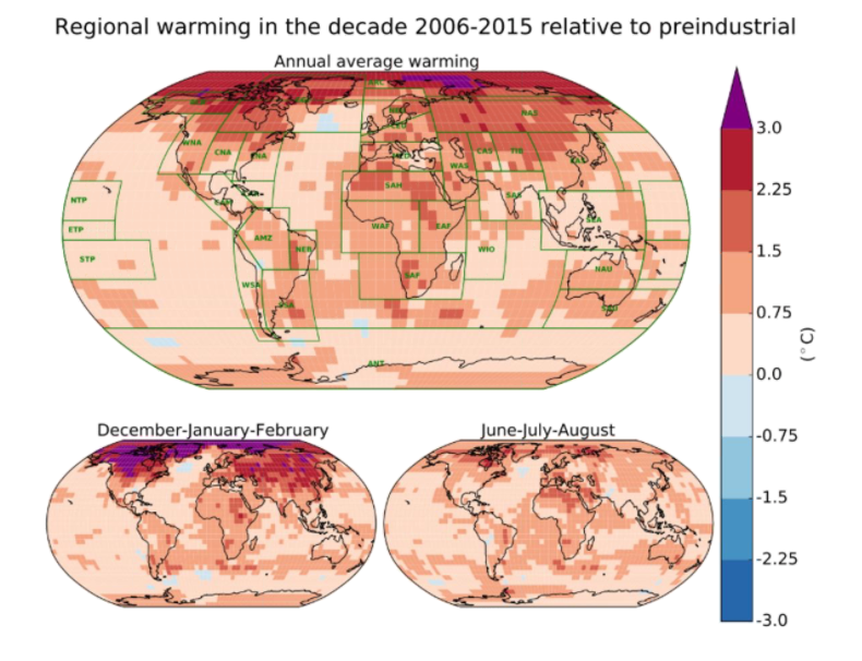 Aquecimento por região na década de 2006-2015 em comparação com o período pré-industrial